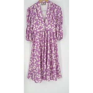 TB Dress Women's Purple Floral Print Midi Peasant Cottage Core Cotton Size Small